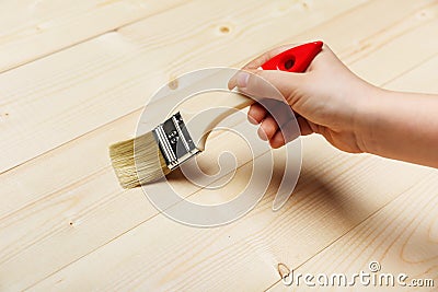 Painting wood with antiseptic impregnation. Stock Photo