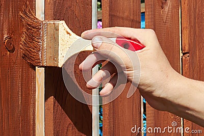 Painting wooden fence with a brown paint Stock Photo