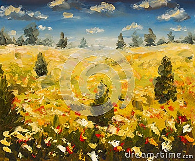 Oil painting summer landscape of a red ogange flower poppy field, blue sky clouds Stock Photo
