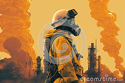 painting of young man standing and looking forward The background is an industrial factory. generative ai Stock Photo