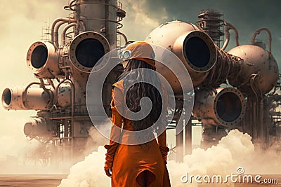 painting of young woman standing and looking forward The background is an industrial factory. generative ai Stock Photo