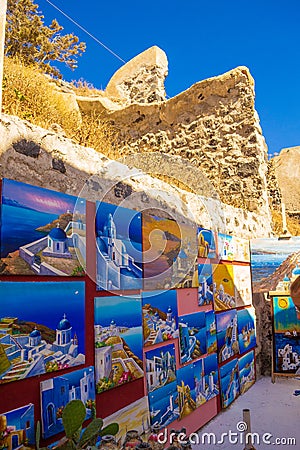 Paintings on display Pyrgos Kallistis Santorini Greece Editorial Stock Photo
