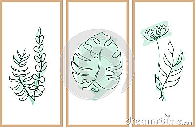 Paintings with green linear plants and spots on the background Vector Illustration