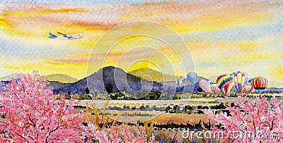Paintings plane travel colorful of cherry blossom, hot air balloon festival Cartoon Illustration