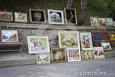 Paintings sale on the street market Editorial Stock Photo