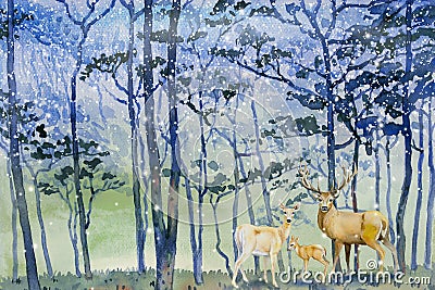 Paintings snow falls in forest winter and deer family Cartoon Illustration