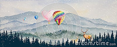 Paintings snow falls in forest winter watercolor landscape panorama of hot air balloon and deer family Stock Photo