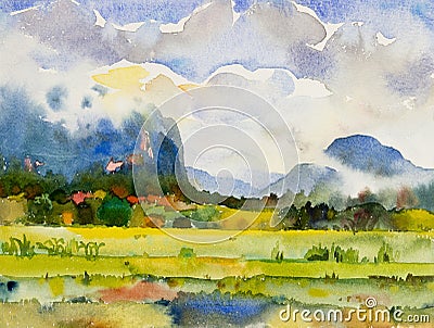 Paintings watercolor landscape of village mountain hill Cartoon Illustration