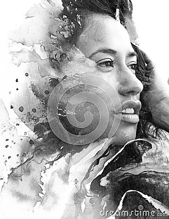 Paintography in black and white, painting combined with a portrait of a seductive exotic female with pouty lips and thick hair Stock Photo