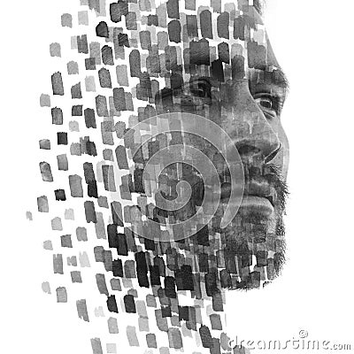 Paintography. Double exposure of an attractive male model combined with hand drawn paintings of repetitive brushstrokes which Stock Photo