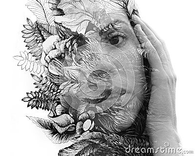 Paintography. Double exposure close up portrait of a young natural beauty, with face and hair combined with hand drawn leaves and Stock Photo