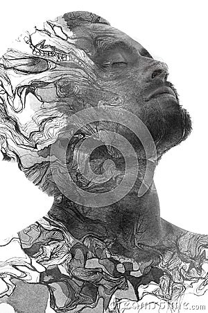 Paintography. Double exposure of an attractive male model combined with hand drawn paintings of wavy lines, black and white Stock Photo