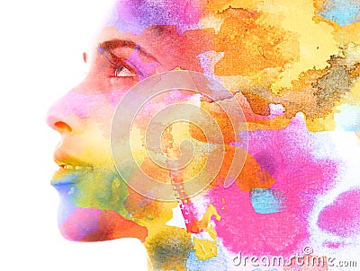 Paintography. Double exposure. Close up of an attractive model combined with colorful hand drawn ink and watercolor painting with Stock Photo