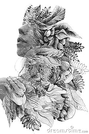 Paintography. Double exposure close up portrait of a young natural beauty, with face and hair combined with hand drawn leaves and Stock Photo