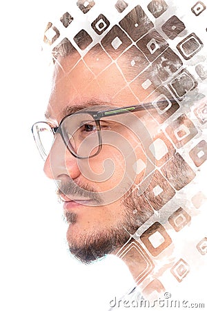 Paintography.Portrait of a young man with a beard combined with geometric shapes Stock Photo