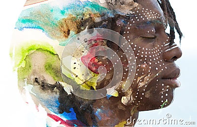 Paintography. Double exposure profile portrait of a young africa Stock Photo