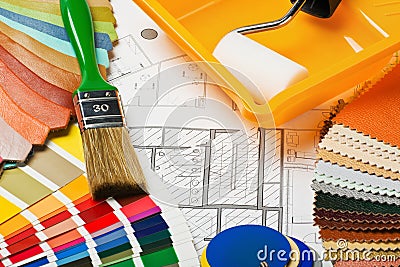 Paints, brushes and accessories for repair Stock Photo