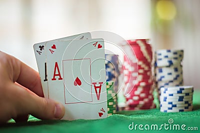 Pair of aces and poker chips, texas hold`em poker Stock Photo