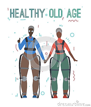 Pair of african happy healthy old people in exosuits with lettering. Innovation in medicine. Elderly family. Exoskeleton Vector Illustration