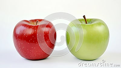 A pair of apples, one red and one green, positioned side by side on a white background. The simplicity of the composition Stock Photo