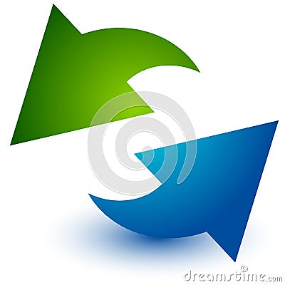 Pair of arrows in circle. Circular arrows. Recycling, loop or cycle icon, symbol in green and blue colors Vector Illustration