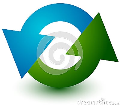 Pair of arrows in circle. Circular arrows. Recycling, loop or cycle icon, symbol in green and blue colors Vector Illustration