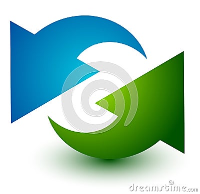 Pair of arrows in circle. Circular arrows. Recycling, loop or cycle icon, symbol in green and blue colors Vector Illustration