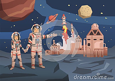 Pair of astronauts observing alien planet with space colony and launching starships on the background. Space travelling Vector Illustration