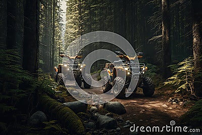 pair of atvs, side by side, in the forested wilderness Stock Photo