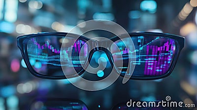 A pair of augmented reality glasses reflecting fluctuating financial graphs signifying how AI technologies enhance the Stock Photo