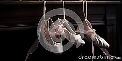 A pair of ballet shoes hanging by their ribbons, evoking the grace and discipline of dance, concept of Artistic Stock Photo