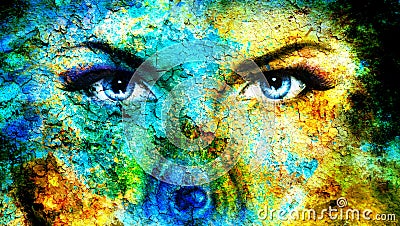 Pair of beautiful blue women eyes looking up mysteriously from behind a small rainbow colored peacock feather, texture collage wit Stock Photo