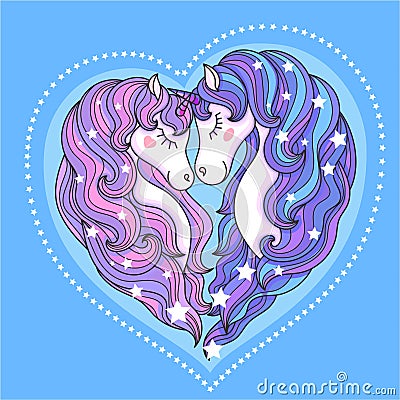 A pair of beautiful unicorns with a long mane against a blue background. Vector Vector Illustration