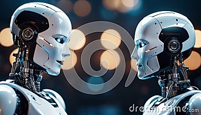 A pair of bionic robots opposite each other. future technologies. Scientific progress. Generative ai. AI Stock Photo
