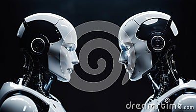 A pair of bionic robots opposite each other. future technologies. Scientific progress. Generative ai. AI Stock Photo