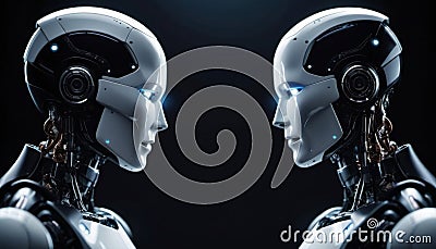 A pair of bionic robots opposite each other. future technologies. Scientific progress. Generative ai. AI Stock Photo