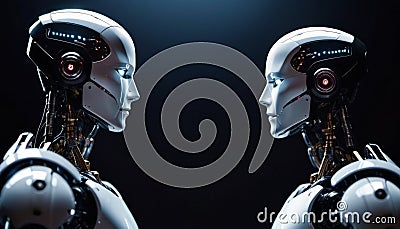 A pair of bionic robots opposite each other. future technologies. Scientific progress. Generative ai. AI Stock Photo
