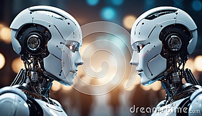 A pair of bionic robots opposite each other. future technologies. Scientific progress. Generative ai. AI Stock Photo