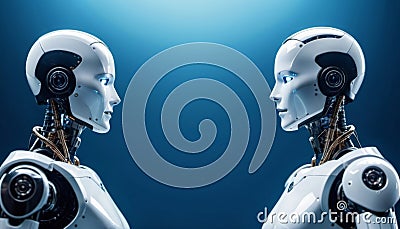 A pair of bionic robots opposite each other. future technologies. Scientific progress. Generative ai. AI Stock Photo