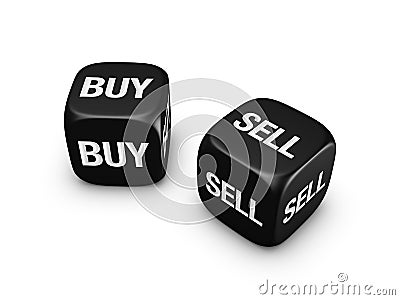 Pair of black dice with buy, sell sign Stock Photo