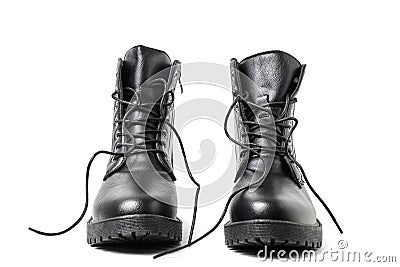 Pair black leather boots with laces white background. Stock Photo