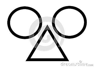 A pair of black outlined equal circles and a triangle below forming the features of a face white backdrop Cartoon Illustration