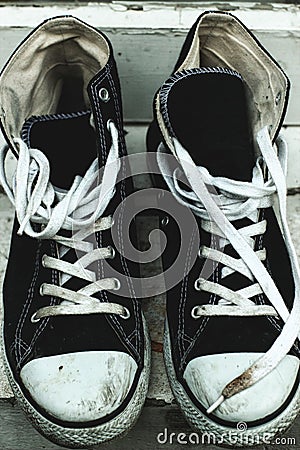 Pair of black sneakers with white details Stock Photo