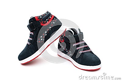 Pair of black stylish shoes for kid on white Stock Photo