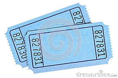 Pair of blank blue movie or raffle tickets isolated on white background. Space for copy. Stock Photo