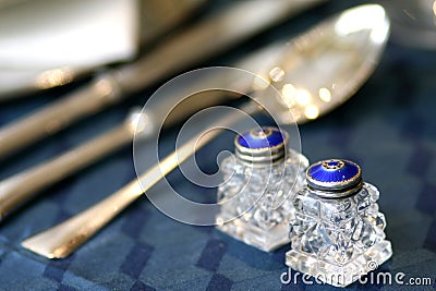 Blue enamel and crystal art deco salt and pepper shakers still life Stock Photo