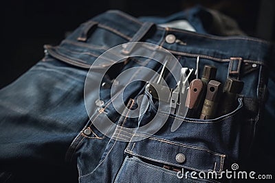 A pair of blue jeans with a pocket full of tools. AI generation Stock Photo