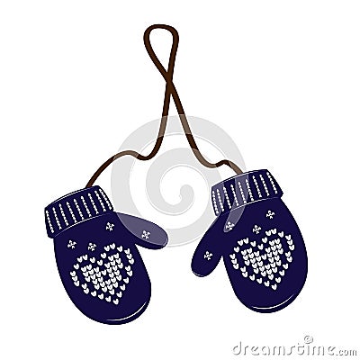 Pair blue of knitted christmas mittens on white background. Print heart. Vector Vector Illustration