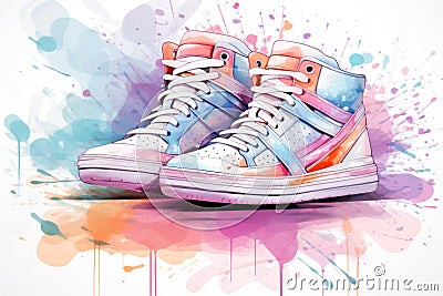 Pair of blue pink sneakers against a vibrant, multicolored paint splash background. In watercolor style. Ideal for ads Stock Photo