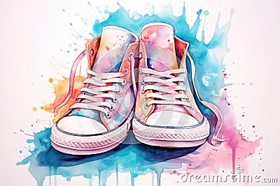 Pair of blue pink sneakers against vibrant, multicolored paint splash background. In watercolor style. Ideal for ads Stock Photo